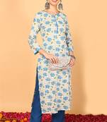 Women white printed cotton ethnic kurti
