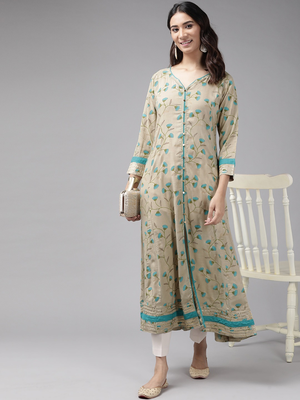 Women'S Rayon Floral Printed Anarkali Kurta (Khaki) 4
