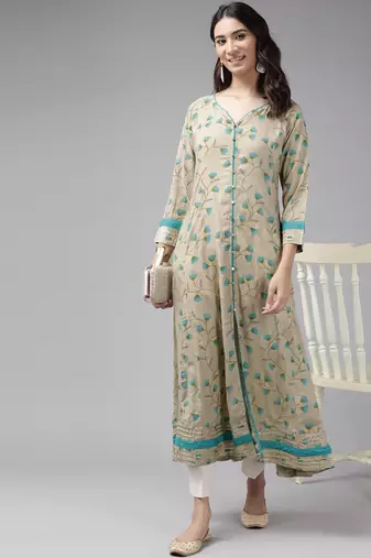 Women'S Rayon Floral Printed Anarkali Kurta (Khaki)