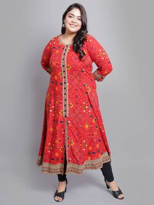 Women'S Plus Size Rayon Bandhej Printed Anarkali Kurti (Red) 1