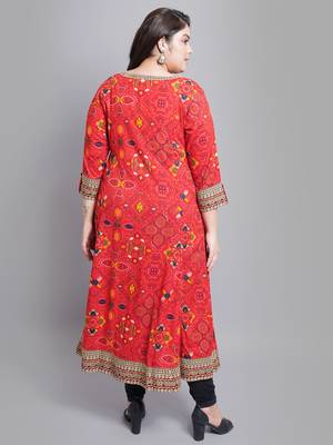Women'S Plus Size Rayon Bandhej Printed Anarkali Kurti (Red) 2