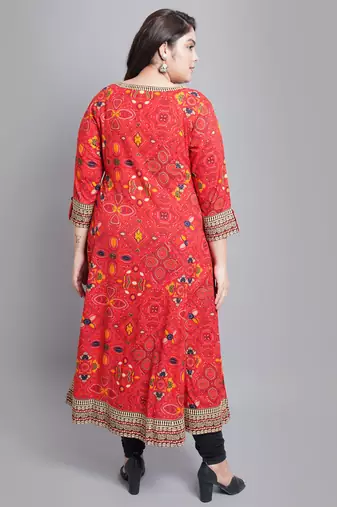 Women'S Plus Size Rayon Bandhej Printed Anarkali Kurti (Red)