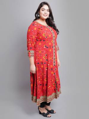 Women'S Plus Size Rayon Bandhej Printed Anarkali Kurti (Red) 3