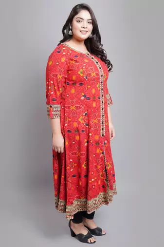 Women'S Plus Size Rayon Bandhej Printed Anarkali Kurti (Red)