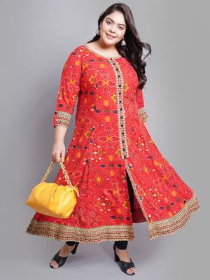Women'S Plus Size Rayon Bandhej Printed Anarkali Kurti (Red) 4