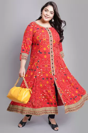 Women'S Plus Size Rayon Bandhej Printed Anarkali Kurti (Red)