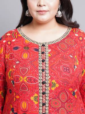 Women'S Plus Size Rayon Bandhej Printed Anarkali Kurti (Red) 5
