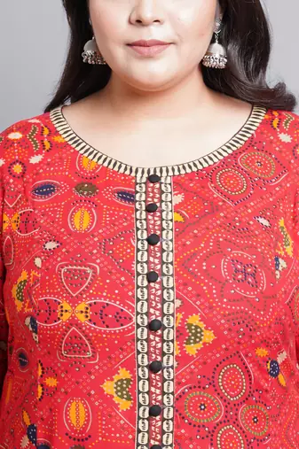 Women'S Plus Size Rayon Bandhej Printed Anarkali Kurti (Red)