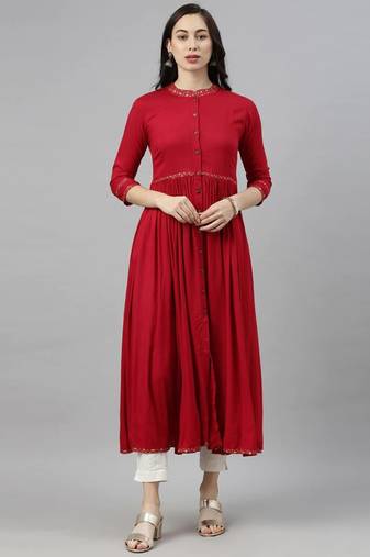 Women red printed cotton ethnic kurti