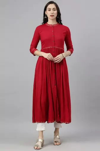 Women red printed cotton ethnic kurti