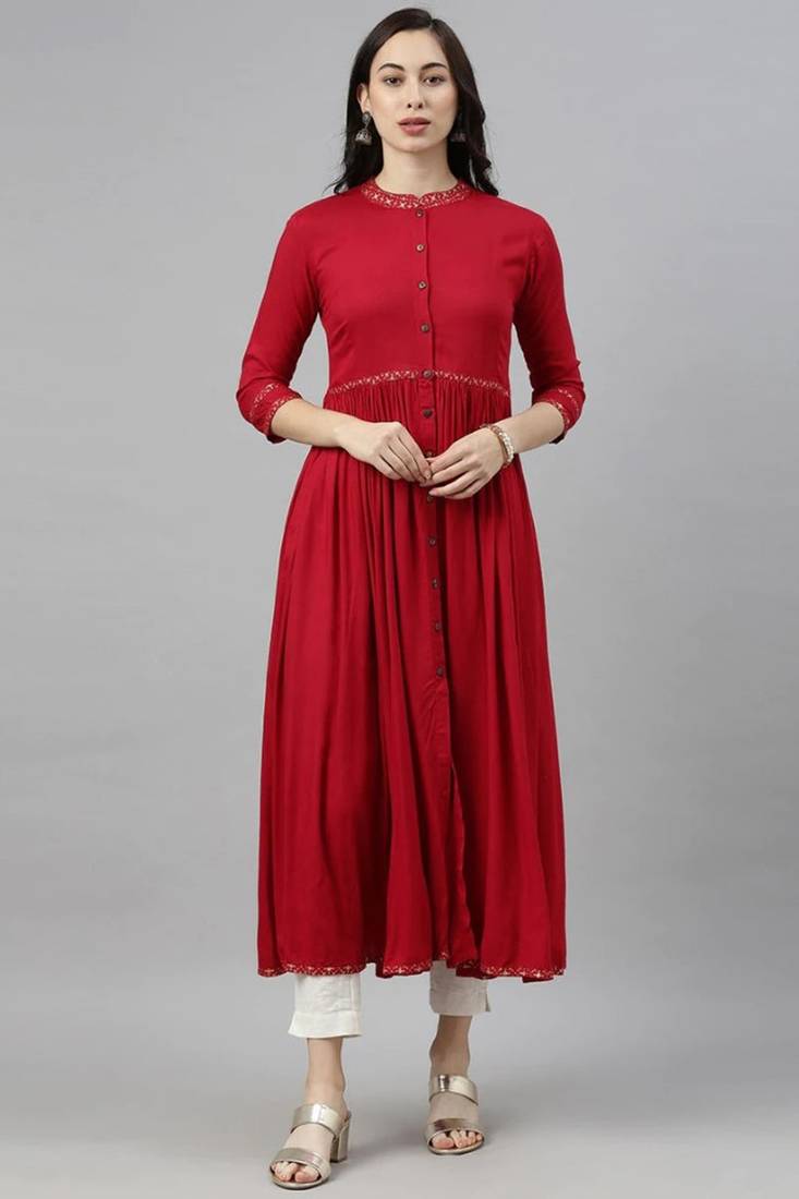 Women red printed cotton ethnic kurti