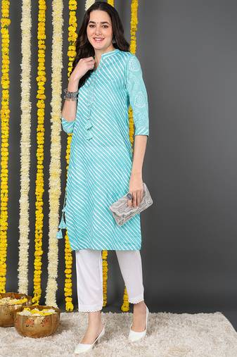 Women blue printed cotton ethnic kurti