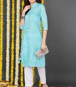 Women blue printed cotton ethnic kurti