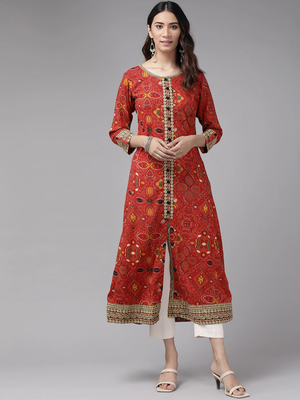 Women'S Rayon Bandhej Printed Anarkali Kurta (Red) 1