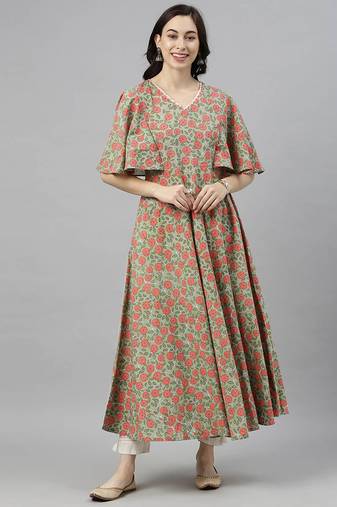 Women green printed cotton ethnic kurti