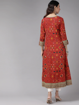 Women'S Rayon Bandhej Printed Anarkali Kurta (Red) 2