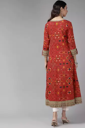 Women'S Rayon Bandhej Printed Anarkali Kurta (Red)