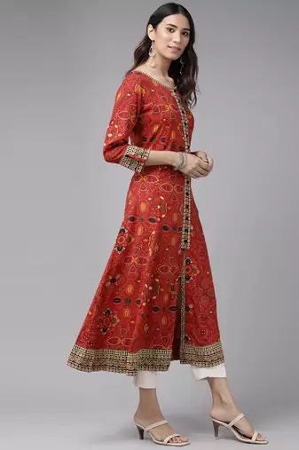 Women'S Rayon Bandhej Printed Anarkali Kurta (Red)