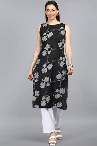 Women black printed cotton ethnic kurti