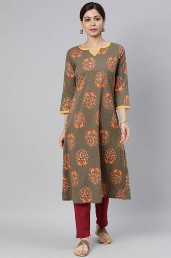 Women brown printed cotton ethnic kurti