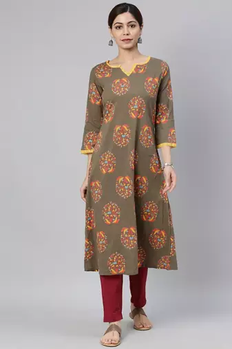 Women brown printed cotton ethnic kurti