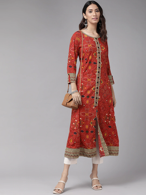 Women'S Rayon Bandhej Printed Anarkali Kurta (Red) 4