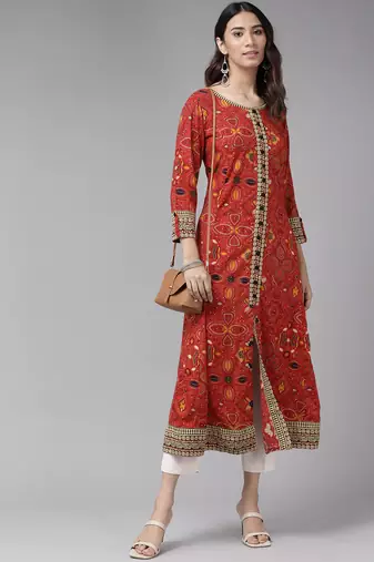 Women'S Rayon Bandhej Printed Anarkali Kurta (Red)