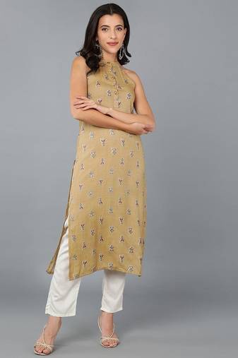 Women mustard printed cotton ethnic kurti