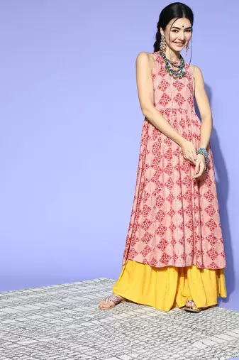 Women pink printed cotton ethnic kurti