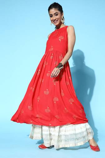 Women red printed cotton ethnic kurti