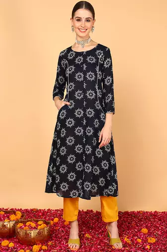 Women navy-blue printed cotton ethnic kurti