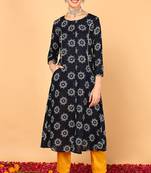 Women navy-blue printed cotton ethnic kurti