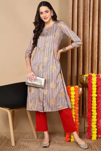 Women brown printed cotton ethnic kurti