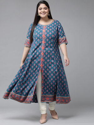 Women'S Plus Size Floral Printed Anarkali Kurti (Blue) 1
