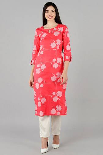 Women pink printed cotton ethnic kurti