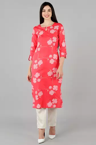 Women pink printed cotton ethnic kurti