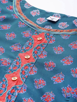 Women'S Plus Size Floral Printed Anarkali Kurti (Blue) 2