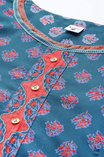 Women'S Plus Size Floral Printed Anarkali Kurti (Blue)