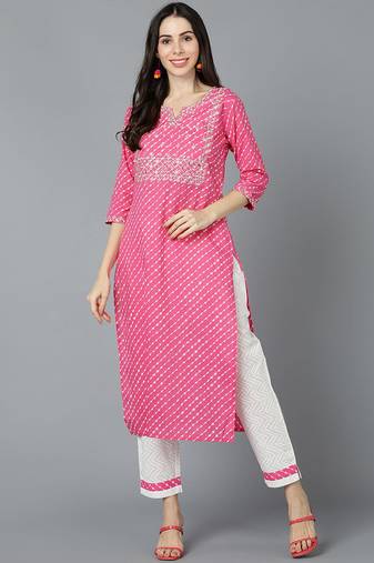 Women pink printed cotton ethnic kurti