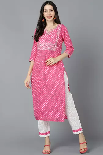 Women pink printed cotton ethnic kurti