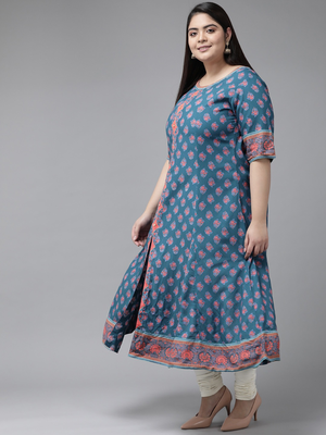 Women'S Plus Size Floral Printed Anarkali Kurti (Blue) 3