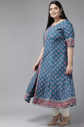 Women'S Plus Size Floral Printed Anarkali Kurti (Blue)