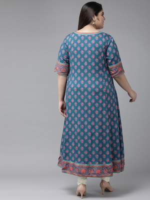 Women'S Plus Size Floral Printed Anarkali Kurti (Blue) 4