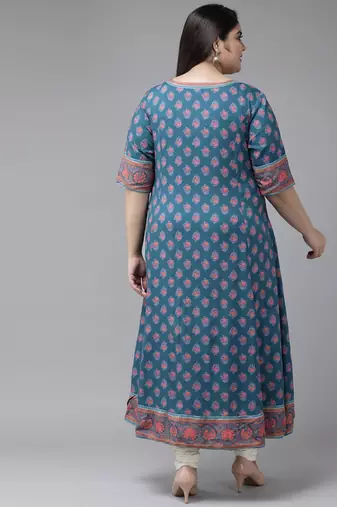 Women'S Plus Size Floral Printed Anarkali Kurti (Blue)