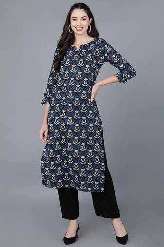 Women navy-blue printed rayon ethnic kurti