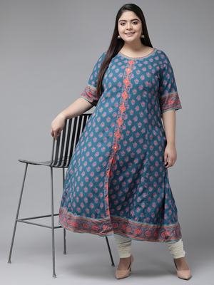 Women'S Plus Size Floral Printed Anarkali Kurti (Blue) 5
