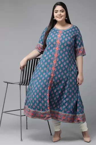 Women'S Plus Size Floral Printed Anarkali Kurti (Blue)