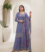 Designer Lavender Chinon Stright Suit For Women