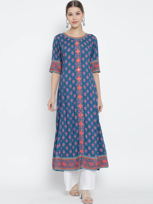 Women'S Floral Printed Anarkali Kurti (Blue) 1