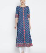 Women'S Floral Printed Anarkali Kurti (Blue)
